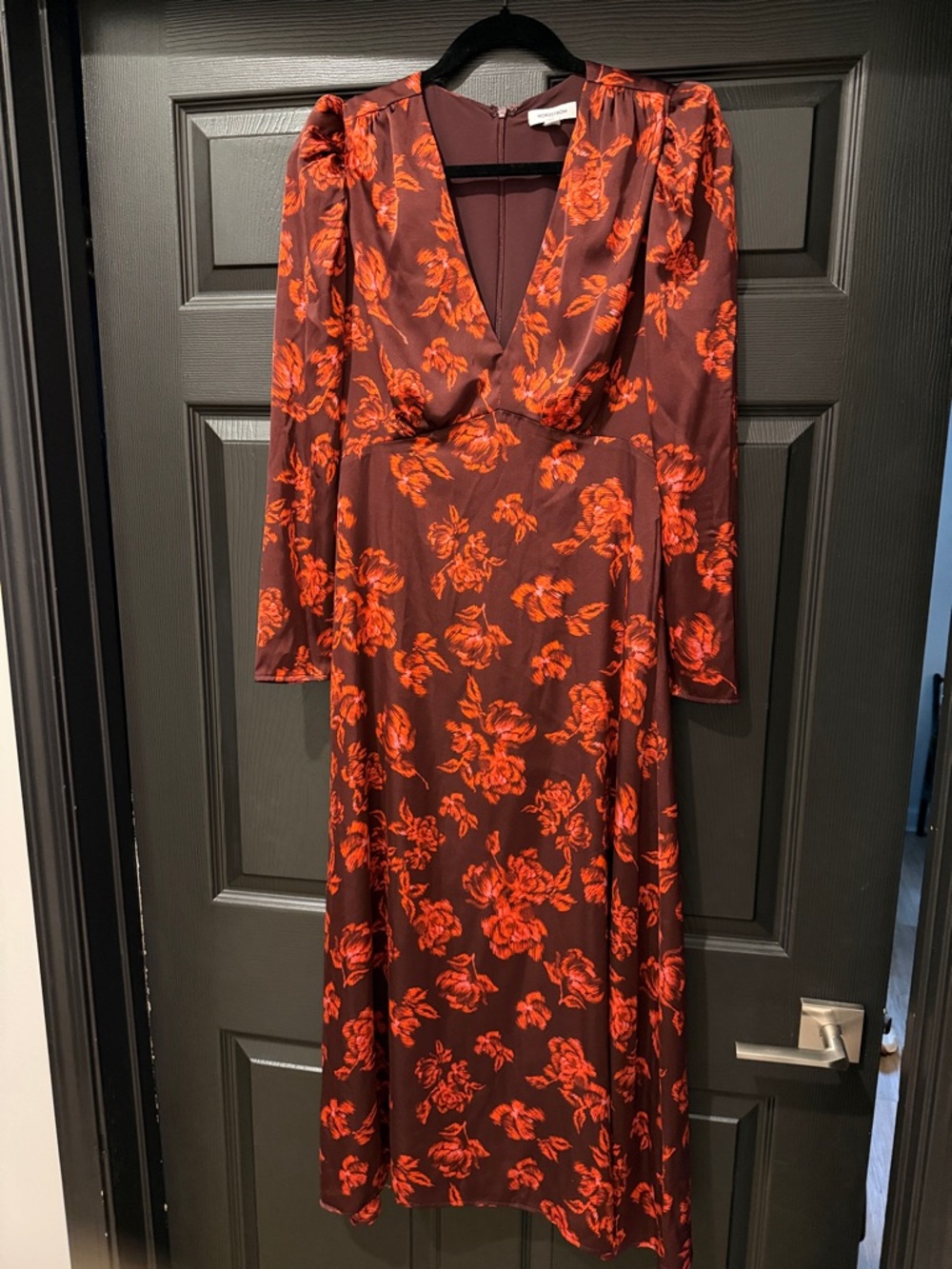 Nordstrom Burgundy Long Sleeve Floral Dress with Red Print